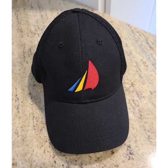 Black Hat Cap Adjustable Strap Mesh Back Red Blue Yellow Sailboat Nautical Boat - Picture 1 of 7